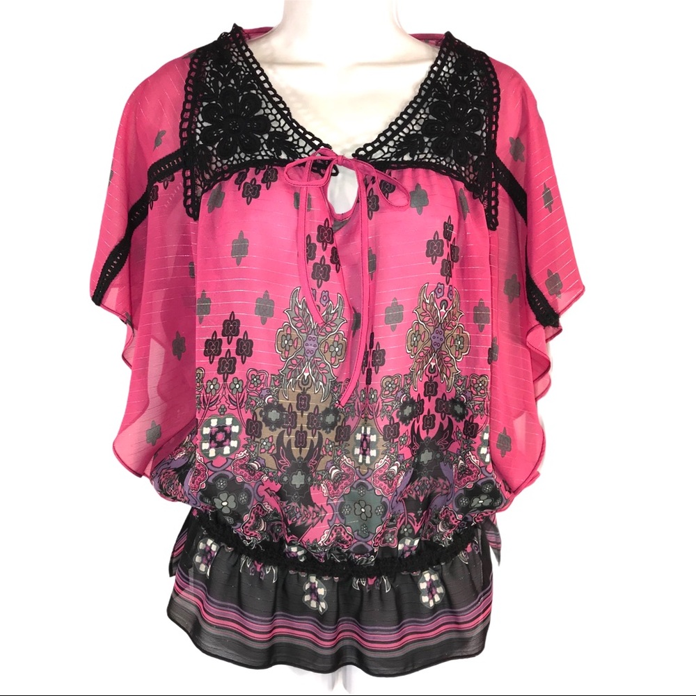 NWT Bisou Bisou Pink Shimmer Black Lace Top